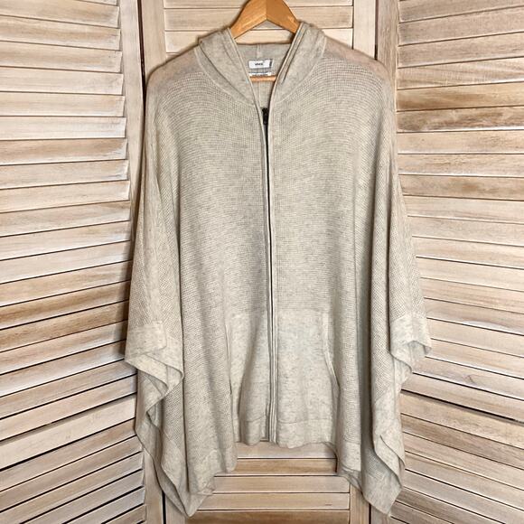 Vince 100% Cashmere Oatmeal Heather Waffle Knit Zip Front Hooded Poncho M/L - Picture 2 of 8